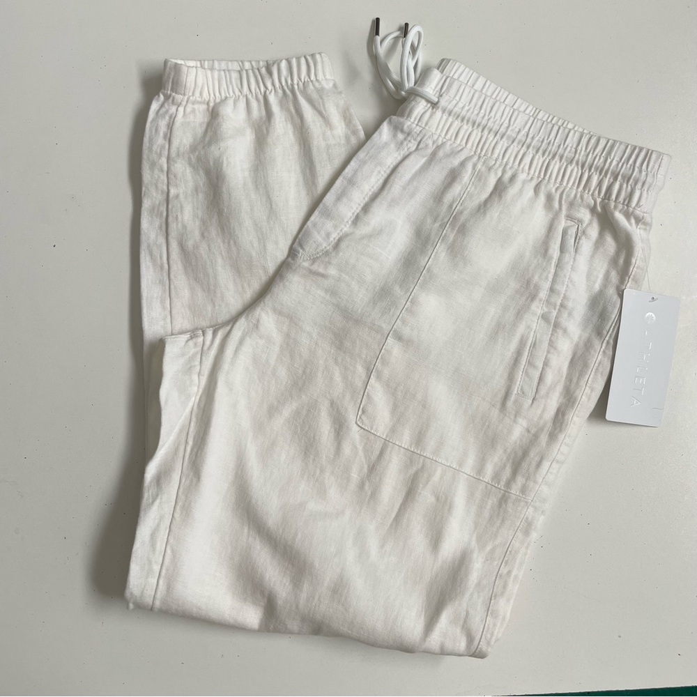 Athleta Pant Joggers Pull On Retreat Linen Zipper Pockets Lounge Travel White